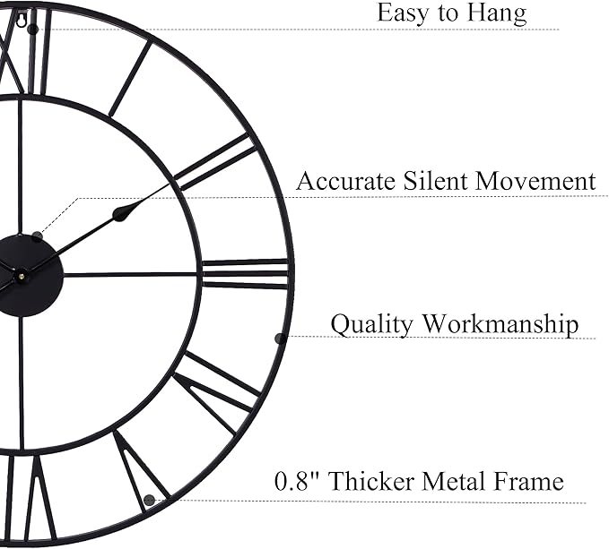 30 Inch Wall Clock Decorative, Oversized Large Black Metal Roman Numeral Silent - Image 2