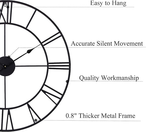30 Inch Wall Clock Decorative, Oversized Large Black Metal Roman Numeral Silent - Image 2