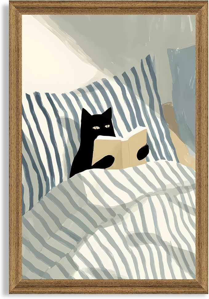 Fantasy Artists Reading Black Cat on Bed Wood Framed Wall Art, 16x24 Inches by Unknown