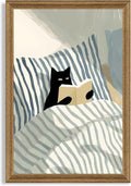 Fantasy Artists Reading Black Cat on Bed Wood Framed Wall Art, 16x24 Inches by Unknown