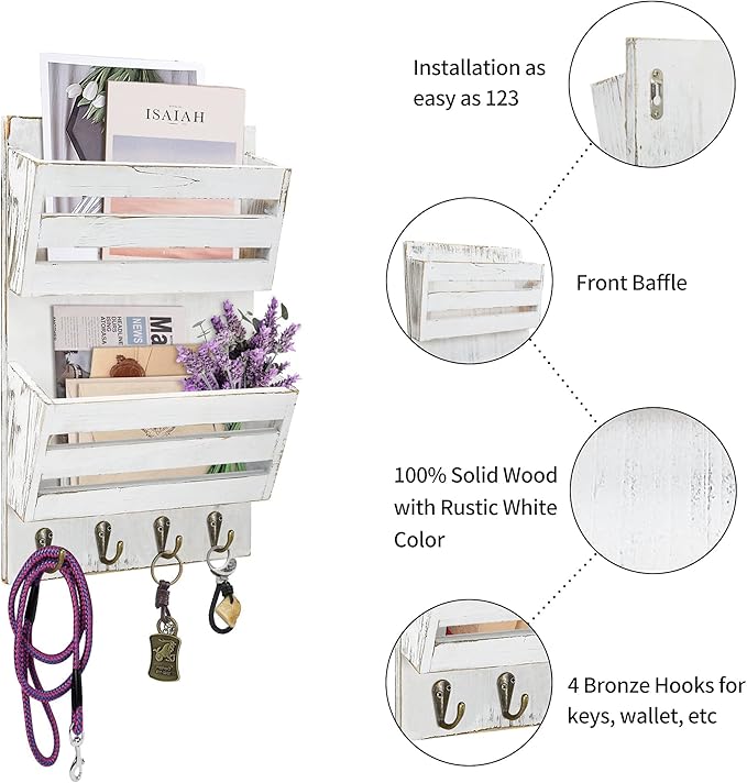 Unistyle Mail Holder with Key Hooks Mail Organizer Wall Mount Hanging Mail - Image 4