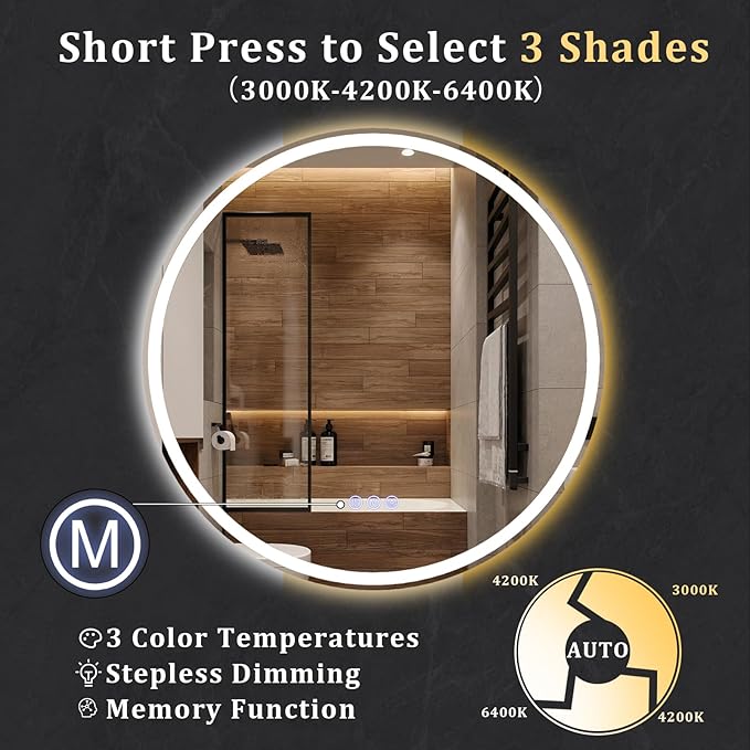 BEAUTYPEAK 24x24 LED Round Bathroom Mirror - Image 3