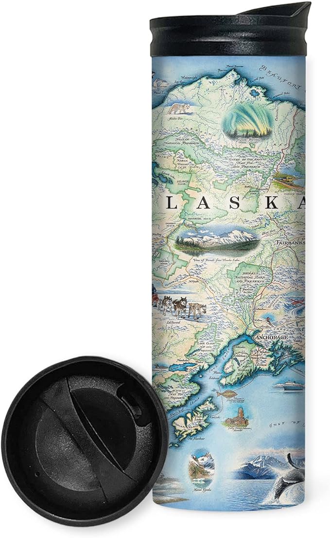 Xplorer Maps Alaska Map 16 Oz Travel Drinkware with Spill-Resistant Lid - Stainless Steel Vacuum Insulated Coffee Tumbler