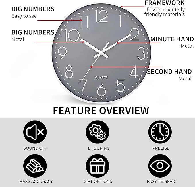 SIN&MI Wall Clock Silent & Non Ticking Modern Quartz Battery Operated Digital - Image 3