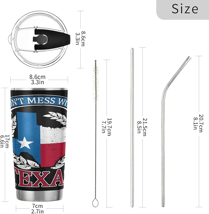 Tumbler Stainless Steel Vacuum Insulated Cup Double Walled, Simple Thermos Don't Mess with Texas State Travel Mug for Coffee, Beverages, Tea with Straw and Lid
