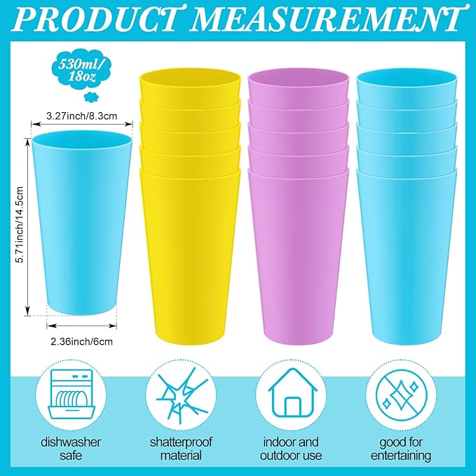 Uiifan 54 Pcs 18 oz Plastic Tumblers Reusable Drinking Cups for Summer Glasses Drinking Dishwasher Safe Stackable Unbreakable Large Tumbler for Kitchen Indoor Outdoor Dining Patio Picnic(Colorful)