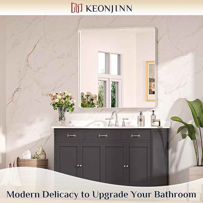 Keonjinn Brushed Nickel Wall Mirror, 36 x 36 Inch Large Square Silver Bathroom - Image 2