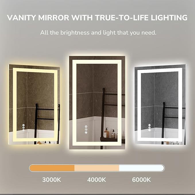 USHOWER LED Bathroom Mirror 24x36 Inch Tempered Glass - Image 4