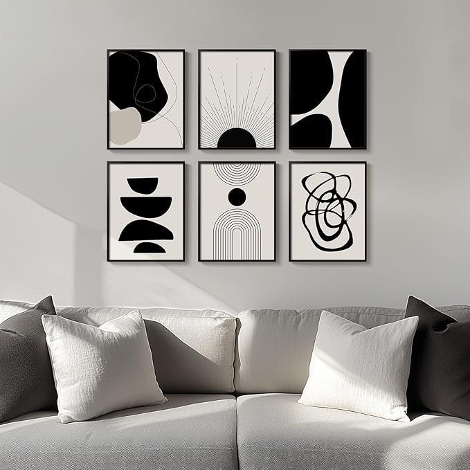 Framed Boho Black and White Abstract Wall Art, Minimalist Geometric Pictures - Image 2