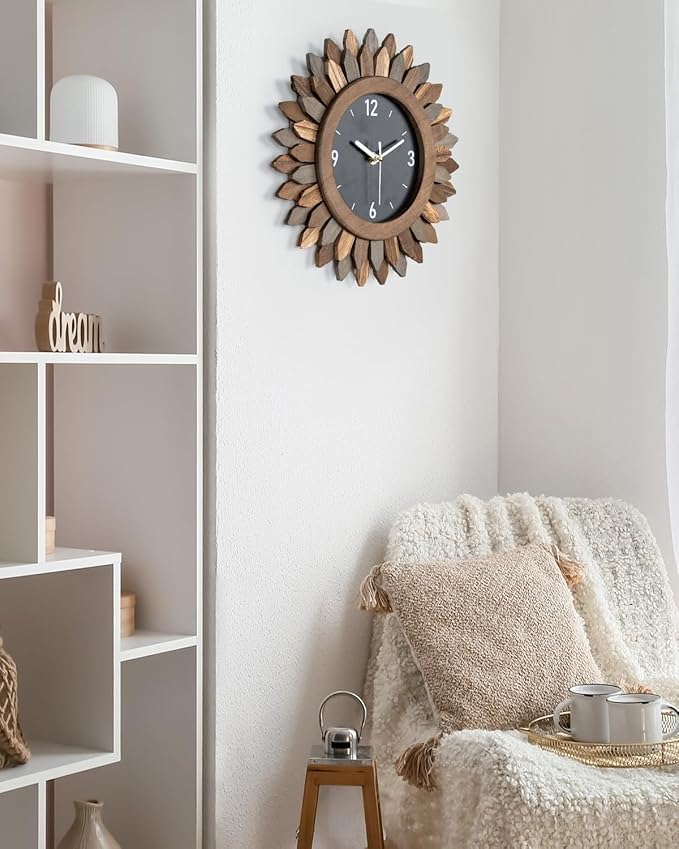 Honiway Wall Clock Battery Operated 12 in Rustic Wood Boho Sunburst Decorative - Image 7