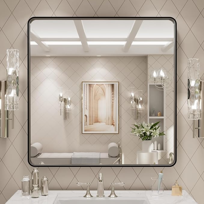 LOAAO 30x30 Inch Black Metal Framed Bathroom Mirror by LOAAO