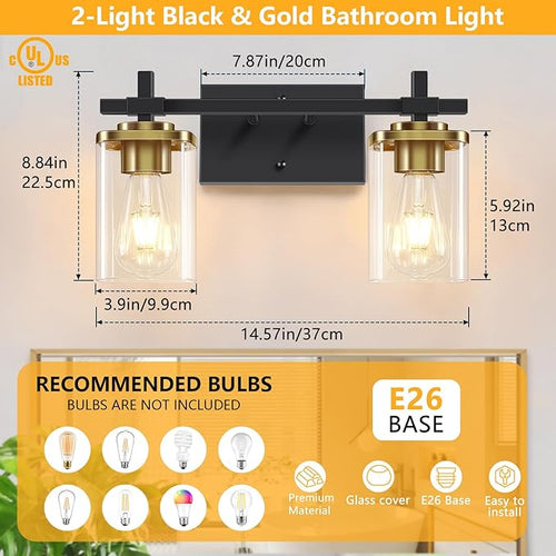 2-Lights Black and Gold Bathroom Light Over Mirror - Image 2
