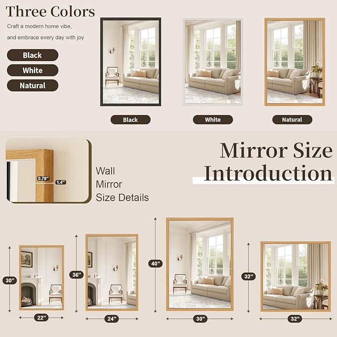 Syndra Natural Wood Frame Bathroom Mirror, 24x36'' Modern Vanity Mirror - Image 7