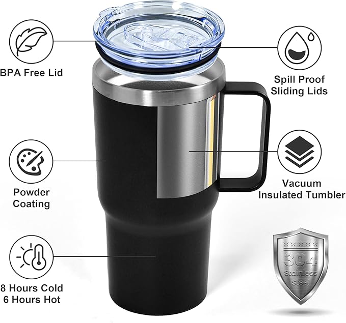 20 oz Tumbler with Handle, insulated cup coffee mug with lid, straw and handle, Double Wall Stainless Steel Vacuum Coffee Tumbler travel mug spill proof, 1pcs Black