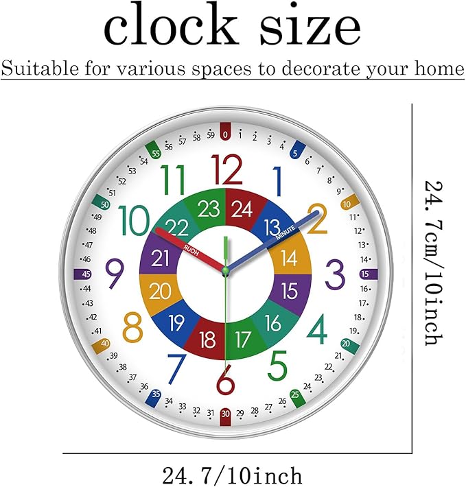 XFM Kids Wall Clock for Children's Bedroom 10 Inch Round Multi-Colored Learning - Image 4