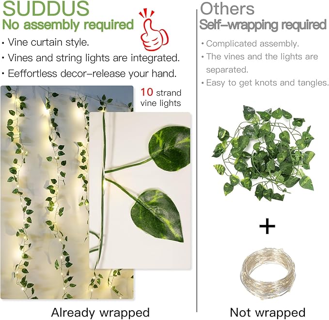 suddus Vines with Lights for Bedroom, 150 LED Fairy Lights with Vines, Pothos - Image 5