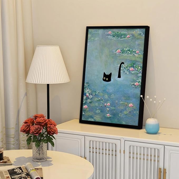 Fantasy Artists Monet Water Lilies Cat Wall Art, Framed Vintage Canvas Art Wall - Image 4