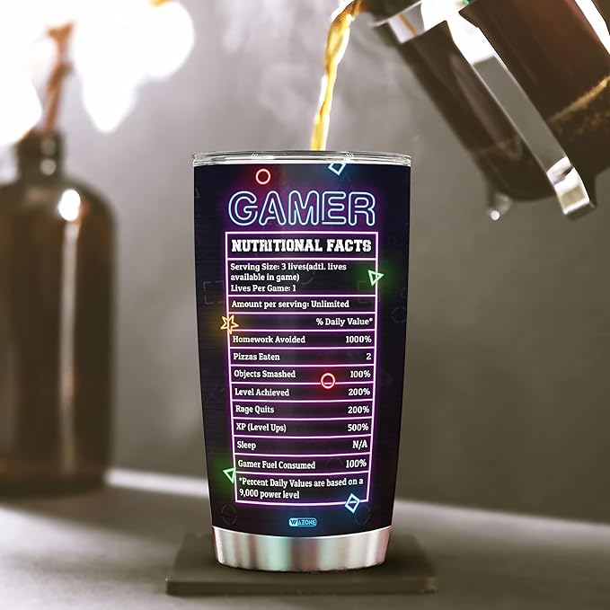 WAZONE Personalized Gamer Tumbler Nutrition Facts Customized Gaming Insulated Cup Stainless Steel 20oz 30oz Travel Mugs Birthday Christmas Presents for Video Game Lovers Pro Gamers Men Women