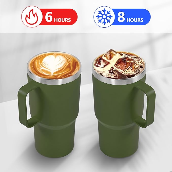 20 oz Tumbler with Handle, insulated cup coffee mug with lid, straw and handle, Double Wall Stainless Steel Vacuum Coffee Tumbler travel mug spill proof, 1pcs Army Green
