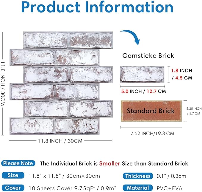COMSTICKC 3D Faux Brick Peel and Stick Wall Covering, Small Size Thin PVC Self - Image 4