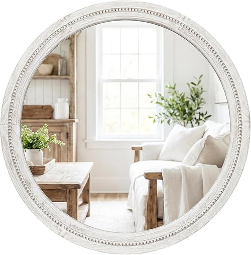 30" White Round Wood Mirror for Bathroom Vanity, Distressed Solid Wood Wall by Pocetry
