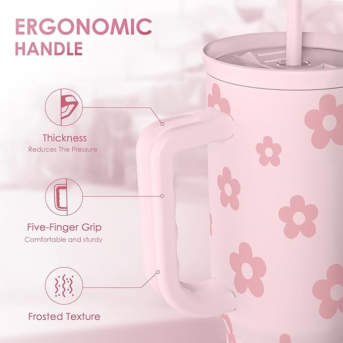 SANDJEST Floral Tumbler with Handle and Straw 40oz Stainless Sleel Slider Tumbler Travel Coffee Mug for Women - Gift Idea for Birthday Christmas