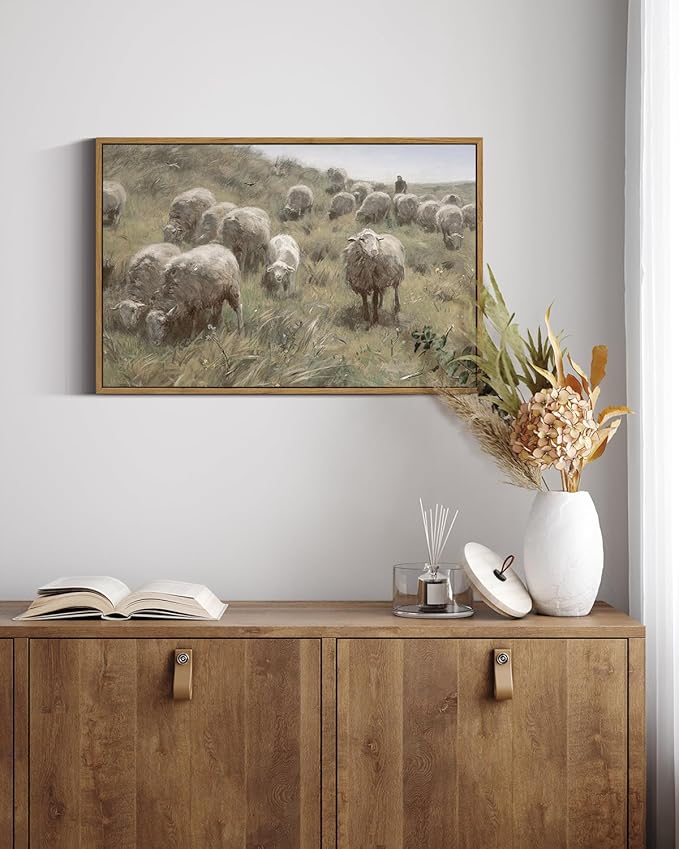 InSimSea Framed Canvas Wall Art Vintage Decor, Sheep on the Dunes Pictures - Image 3