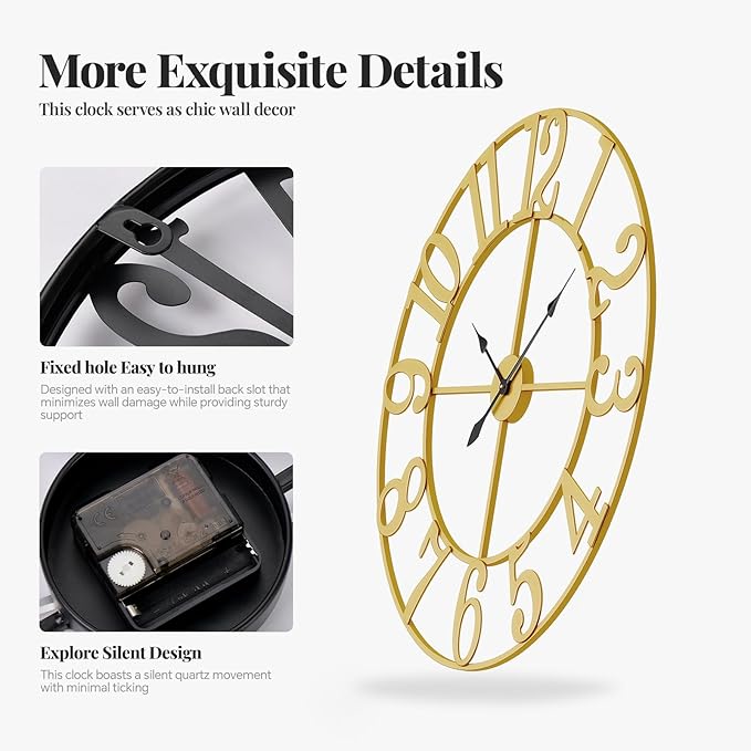 Cuspin Gold Wall Clock 16 Inch, Decorative Wall Clocks Battery-Operated - Image 3