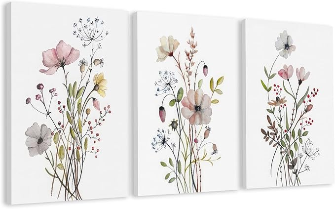 WRFON UnFramed Botanical Canvas Wall Art Set of 3, Watercolor Floral Prints by Unknown
