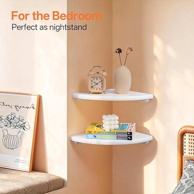 Gieanoo Floating Corner Shelves Set 2 7inch White Solid Oak Rounded Corner - Image 3