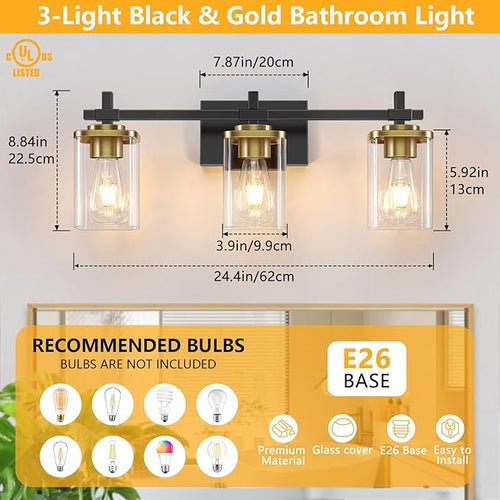 3-Lights Black and Gold Bathroom Light Fixtures Over Mirror, Modern Brushed - Image 2