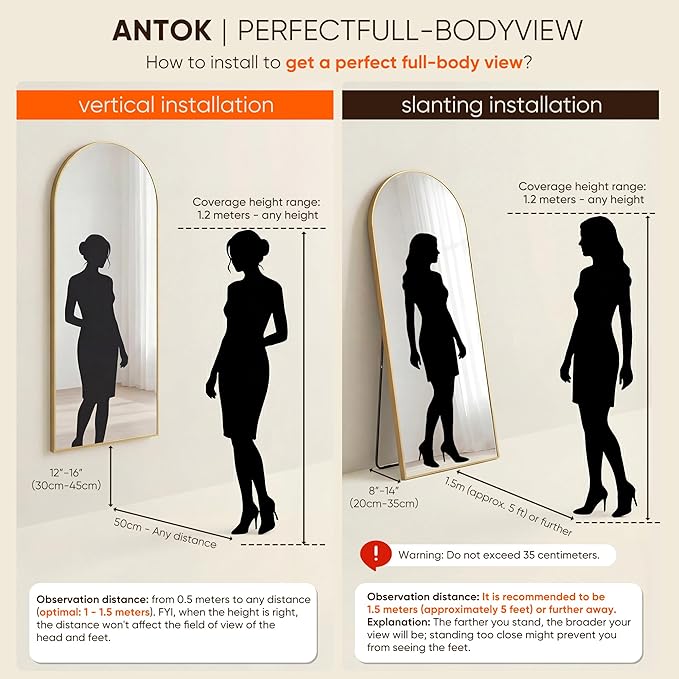 Antok 76" x34” Arched Full Length Floor Mirror, Free Standing/Wall Mount/Leaning - Image 7