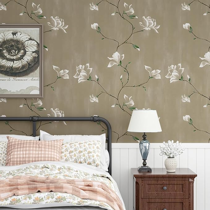 Laatse Floral Wallpaper Peel and Stick 17.5" x 393" Khaki Floral Contact Paper - Image 4