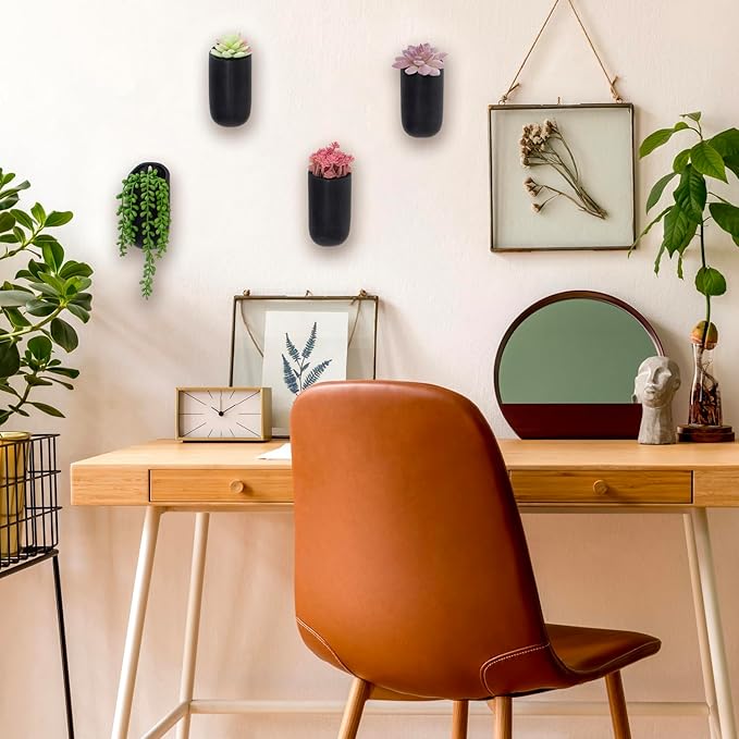 MyGift Set of 4 Mini Matte Black Ceramic Indoor Wall Planter, 6 Inch - Image 2