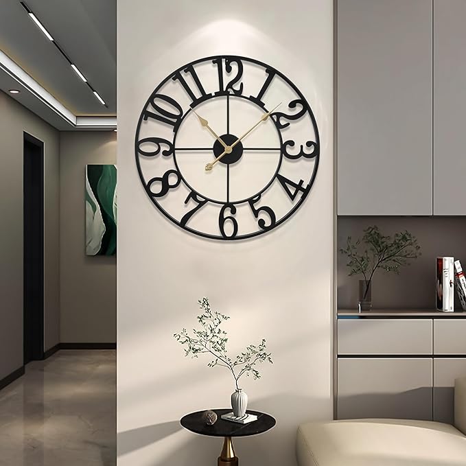 LEIKE Large Wall Clock, Battery Operated, Decorative Retro Black Metal Clock - Image 7