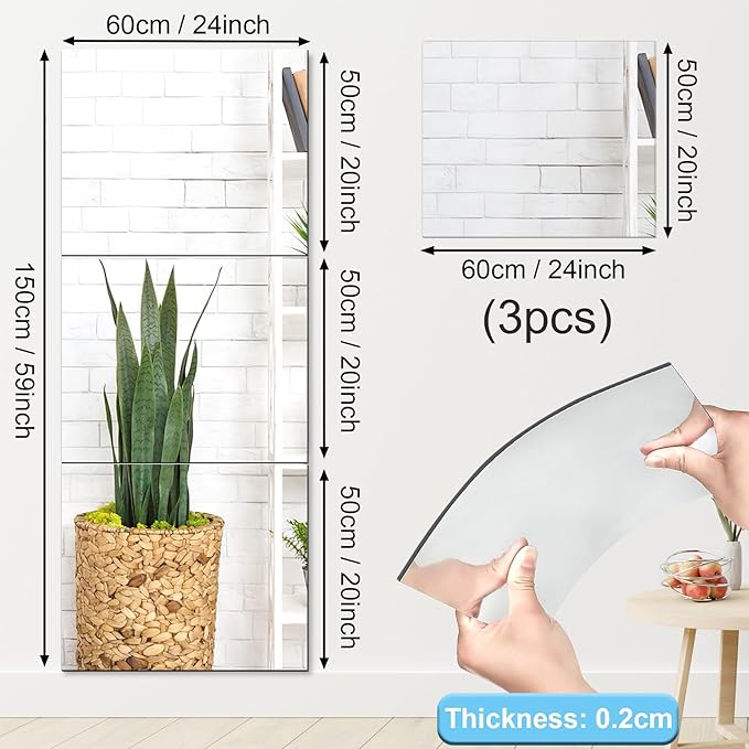 JUNEBRUSHS 3 Pack Self Adhesive Acrylic Mirrors, 20 x 24 Inch Full Length - Image 2