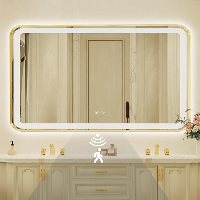 32x55 Inch Gold Framed LED Bathroom Mirror by Unknown