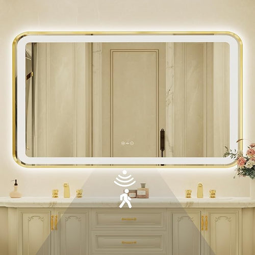 32x55 Inch Gold Framed LED Bathroom Mirror by Unknown