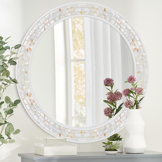 Tanmicoshomy 36 Inch Large Round Mirror, Natural Shell Inlay Framed Large by Tanmicoshomy