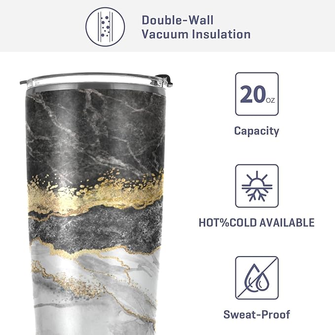 Tumbler Stainless Steel Vacuum Insulated Cup Double Walled, Simple Thermos Gold Black Marble Travel Mug for Coffee, Beverages, Tea with Straw and Lid