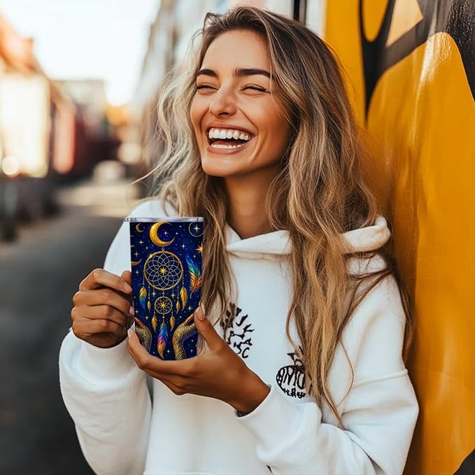 20 oz Leak Proof Tumbler | Insulated Travel Mug for Women and Men | Stainless Steel Cup with Lid and Straw | Colorful Coffee Tumbler for Christmas and Birthday Gifts | Indian Dreamcatcher