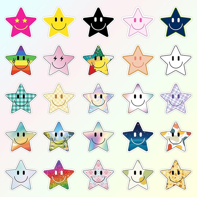 50PCS Smiling Star Stickers, Cute Water Bottle Stickers for Kids, for Teaching Rewards, Notebooks, Stationery, Luggage, Cartoon PVC Happy Stickers