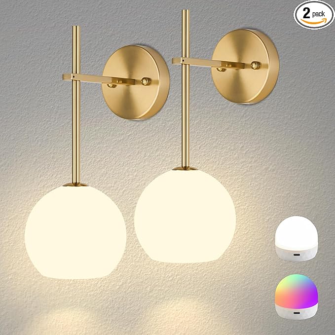 Gold Battery Operated Wall Sconces Set of 2, Rechargeable Wireless Wall Lights by KeepShinning
