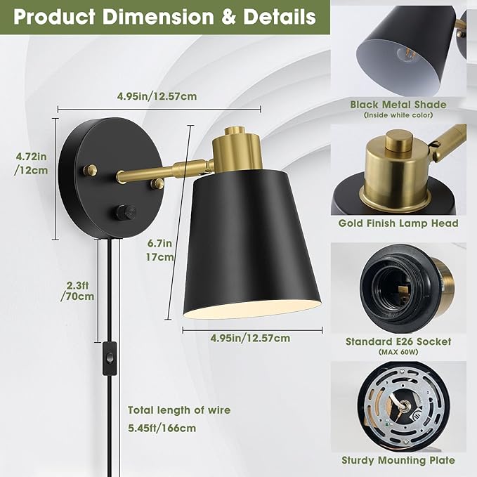 Lomoky Plug in Wall Sconces Set of 2, Dimmable Wall Lights - Image 2