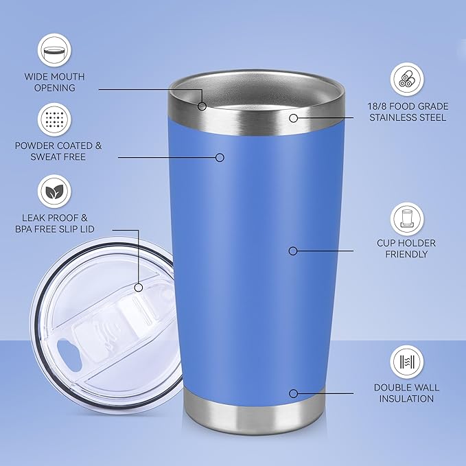20 oz Tumbler Stainless Steel Tumblers Bulk with Lid Double Wall Insulated Coffee Tumbler Cups for Hot & Cold Drinks Powder Coated Travel Coffee Tumbler Mug Metal (Azure, 6 pack)