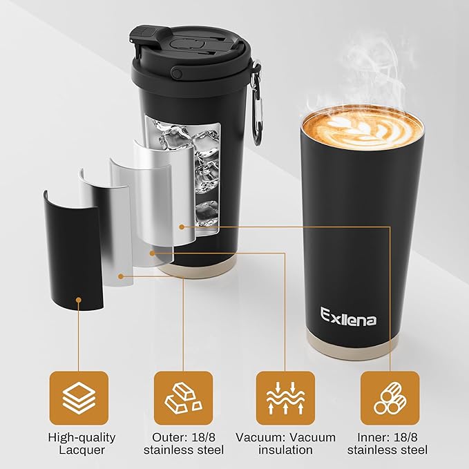 16oz Tumbler with 3 in 1 Lid - Travel Coffee Tumbler - 100% Leakproof and Spill Proof for Hot and Cold Drink - Coffee Mug for Travel, Office, School...(Black)