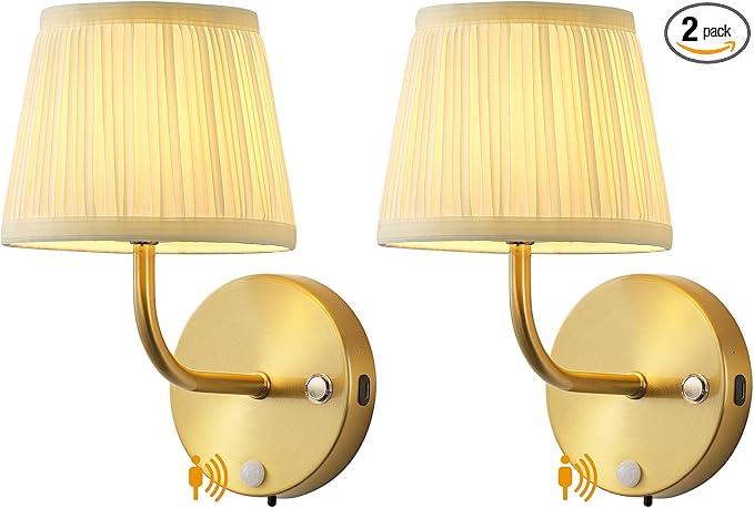 PUSU Motion Sensor Gold H9.6 inch Small Wall Sconces Set of 2, LED Cordless by PUSU