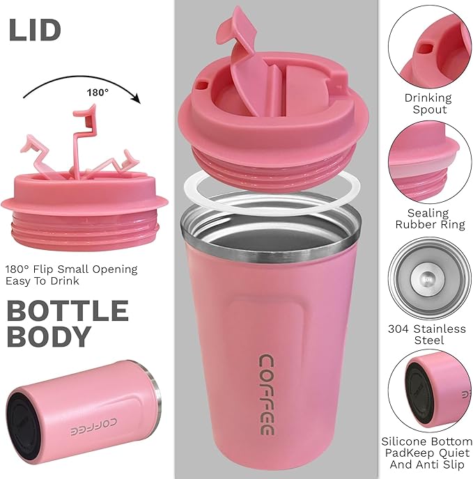 YINBAOGE Insulated Travel Coffee Mug, Spill & Leak Proof, Portable To Go Camping Stainless Steel Coffee Tumbler, Reusable Thermal Coffee Cup with Lid for Hot & Cold Drinks (2nd-Pink, 17 OZ)