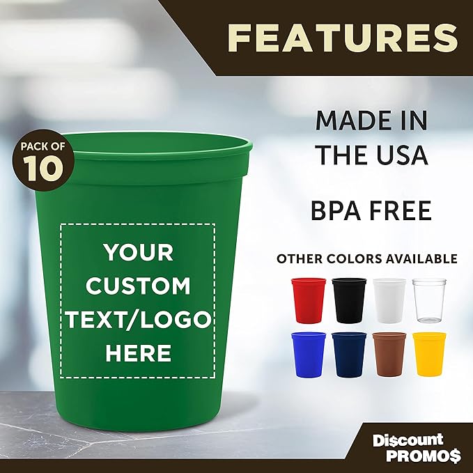 DISCOUNT PROMOS Custom Plastic Stadium Cups 16 oz. Set of 10, Personalized Bulk Pack - Perfect for Birthdays, Weddings, Picnic, Beach, Parties - Kelly Green