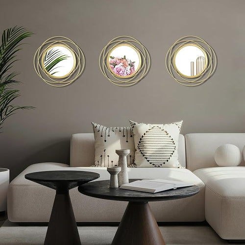 3 Set 9.5 Inch Gold Circle Mirrors Wall Decor Iron Frame Wire Mirror Metal - Image 2
